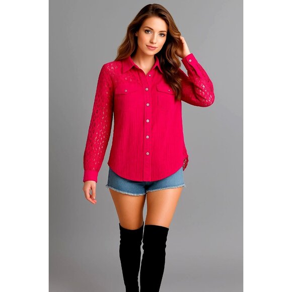 Andree By Unit XL Hot Pink Cotton Lace Shacket Button Front Textured Boho Core - Picture 12 of 12